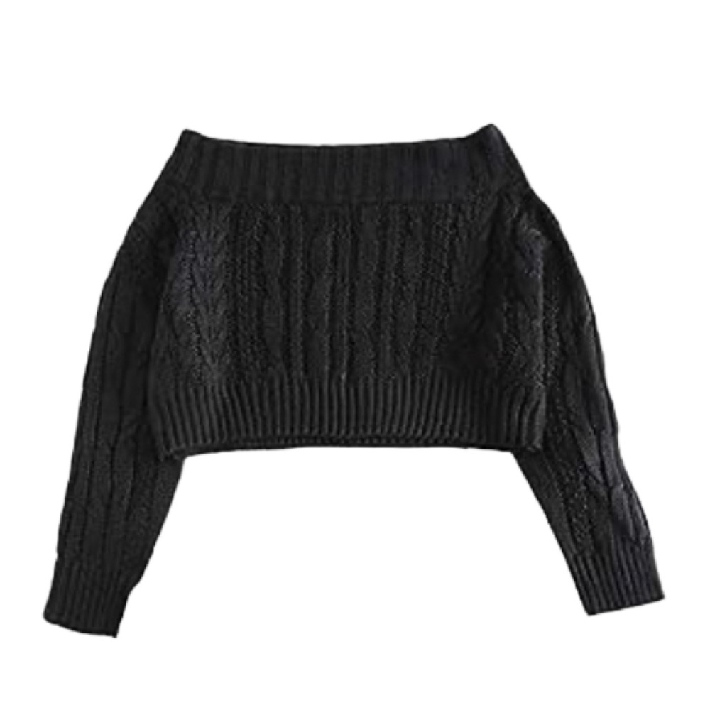 ZAFUL Off Shoulder Long Sleeve Chunky Cable Knit Sweater Pullover in Black